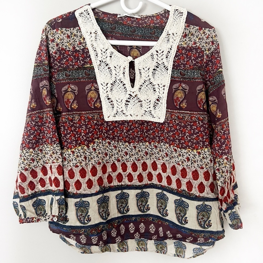 Grifflin Paris Boho Crochet Top Medium Patchwork Paisley Floral Peasant Festival